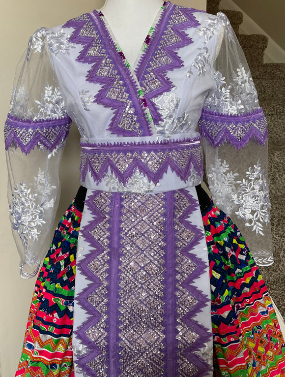 Hmong Cog Ci Outfit White Lace Sheer Sleeves (Lilac/Lavender) Size 36-38