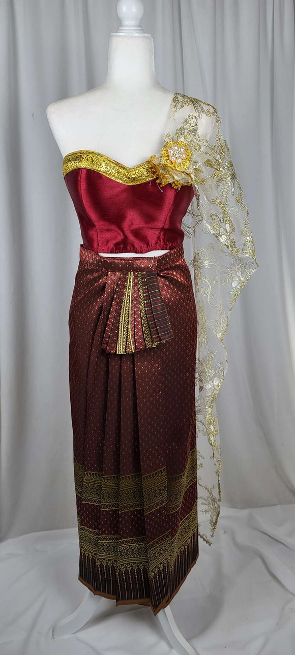 Burgundy Tube Top with Pleated Skirt & Lace Sabai