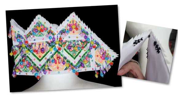 Hmong Handmade Butterfly Cogci Buttoned Princess Hat w Cogci Border (White Multi)