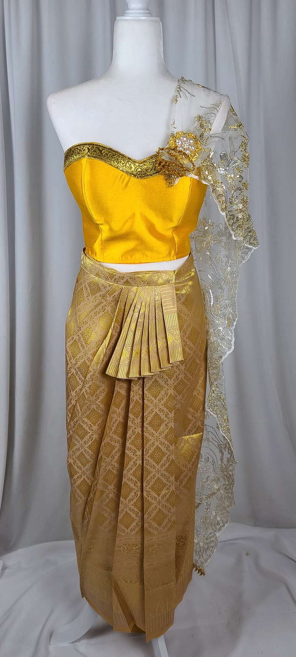 Golden Yellow Tube Top with Pleated Skirt & Lace Sabai