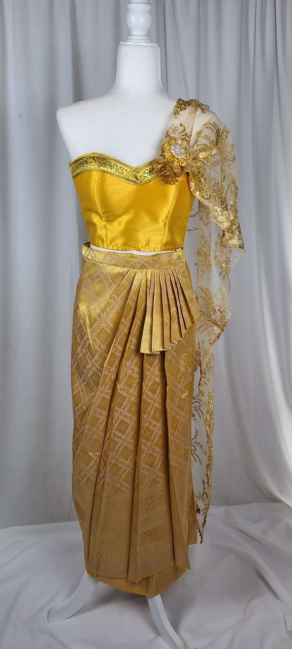 Gold Tube Top with Pleated Skirt & Lace Sabai