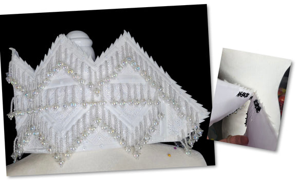 Hmong Handmade Butterfly Cogci Buttoned Princess Hat w Cogci Border (White)