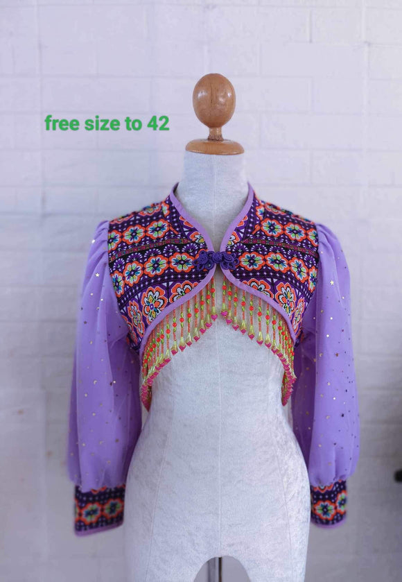 Hmong Machine Embroidery Mini Crop Jacket With Semi-Puffy Sleeves Free size up to 42