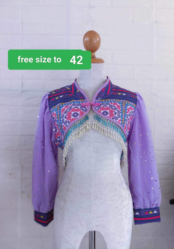 Hmong Machine Printed Mini Crop Jacket With Semi-Puffy Sleeves Free size up to 42