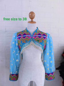 Hmong Machine Embroidery Mini Crop Jacket With Semi Puffy Sleeves Free size up to 38