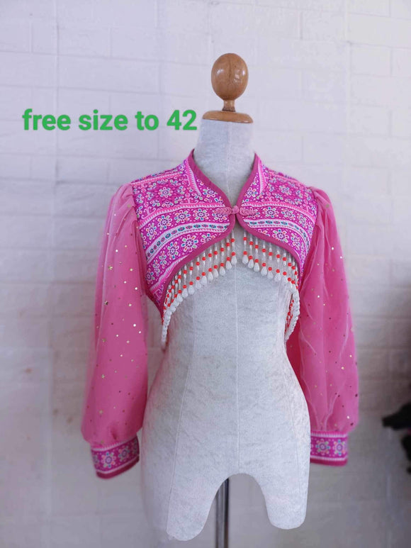 Hmong Machine Embroidery Mini Crop Jacket With Semi-Puffy Sleeves Free size up to 42