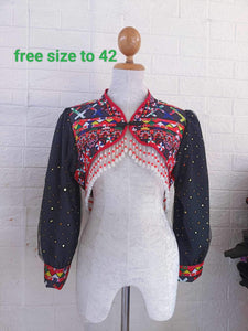 Hmong Machine Printed Mini Crop Jacket With Semi-Puffy Sleeves Free size up to 42