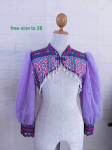 Hmong Machine Printed Mini Crop Jacket With Semi-Puffy Sleeves Free size up to 38