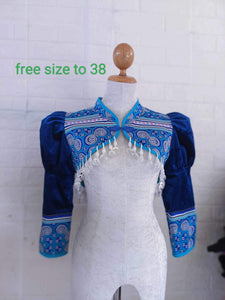 Hmong Machine Embroidery Mini Crop Jacket With Semi-Puff Sleeves Free size up to 38