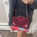 Thai Lis Loos CB Purse Hand Embroidery Red/Pink Vertical Gold Lining