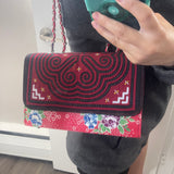 Thai Lis Loos CB Purse Hand Embroidery Red/Pink Horizontal Gold Lining