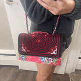 Thai Lis Loos CB Purse Hand Embroidery Red/Pink Horizontal Gold Lining